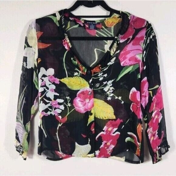 Boston Proper Button Down Floral Rayon  Half Sleeve Blouse Size XS - Picture 1 of 5